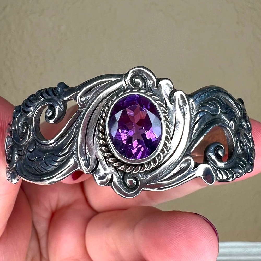 Vintage Sterling Silver and Amethyst Cuff, Ornate Bracelet, February Birthstone - Picture 1 of 10